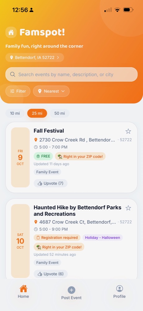 Event feed with nearby family events